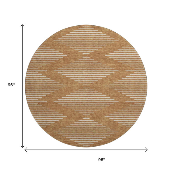 8' Rust And Beige Geometric Washable Round Rug With UV Protection