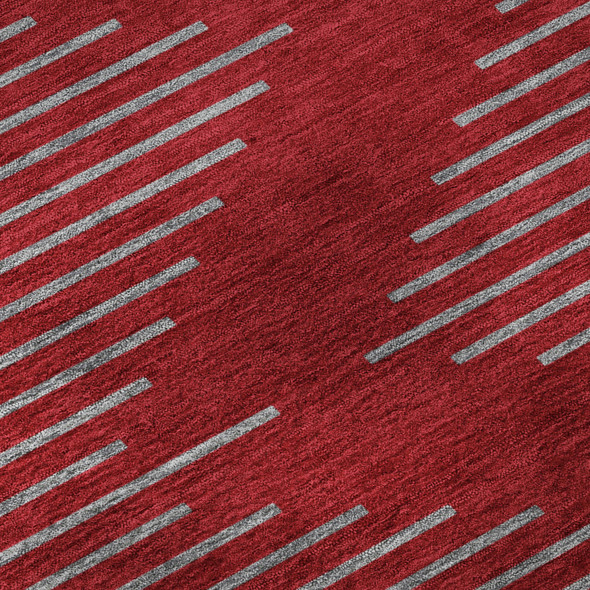8' Red And Gray Geometric Washable Round Rug With UV Protection