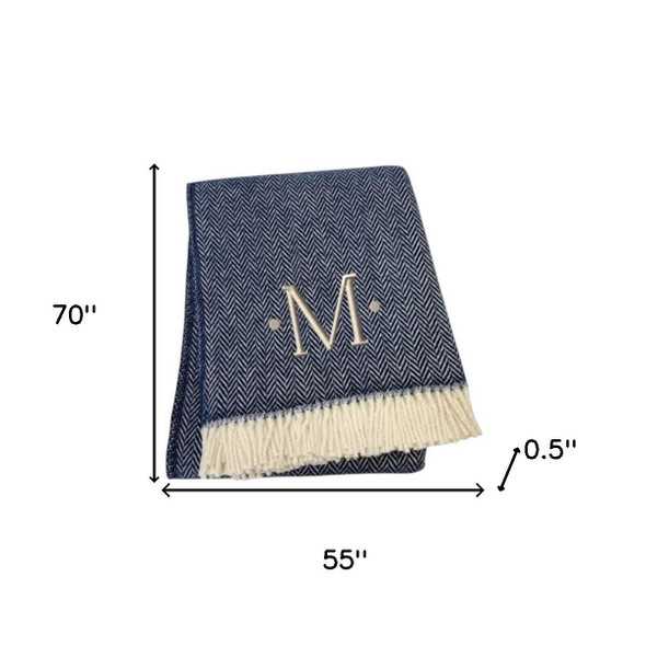 55" X 70" Navy Blue And White Herringbone Cotton Blend M Initial Throw Blanket with Tassels And Embroidery