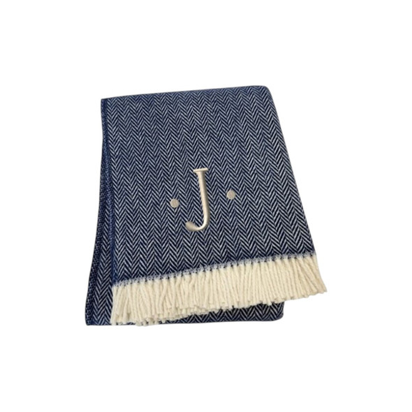 55" X 70" Navy Blue And White Herringbone Cotton Blend J Throw Blanket with Tassels And Embroidery