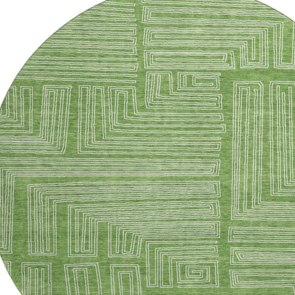8' Green And Ivory Geometric Washable Round Rug With UV Protection