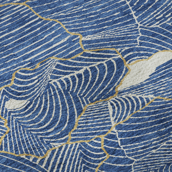 8' X 10' Blue Ivory And Gold Abstract Washable Area Rug With UV Protection