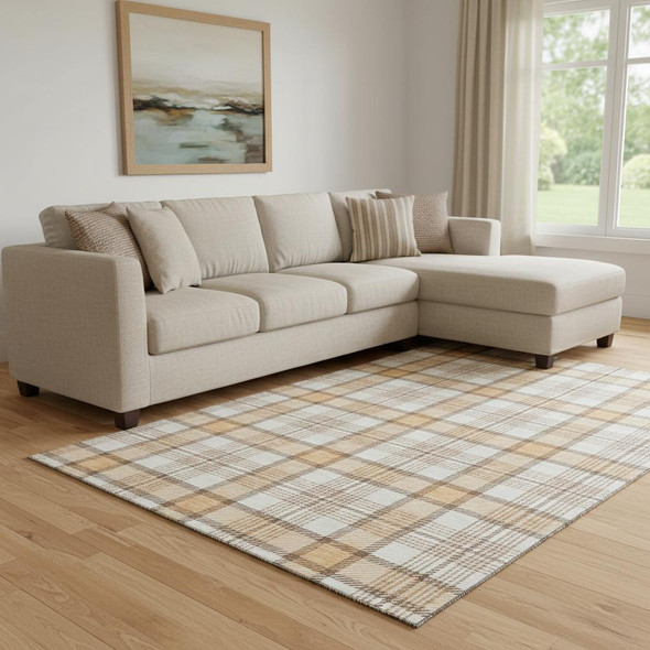 8' X 10' Peach Ivory And Brown Plaid Washable Area Rug With UV Protection