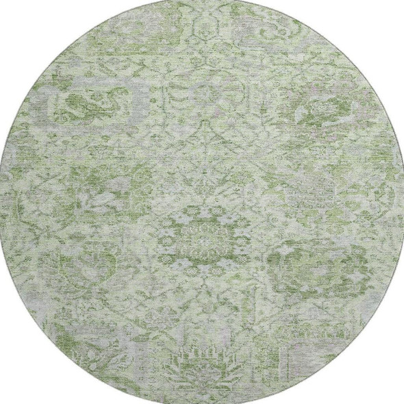 8' Mint Green Gray And Ivory Damask Washable Round Rug With UV Protection