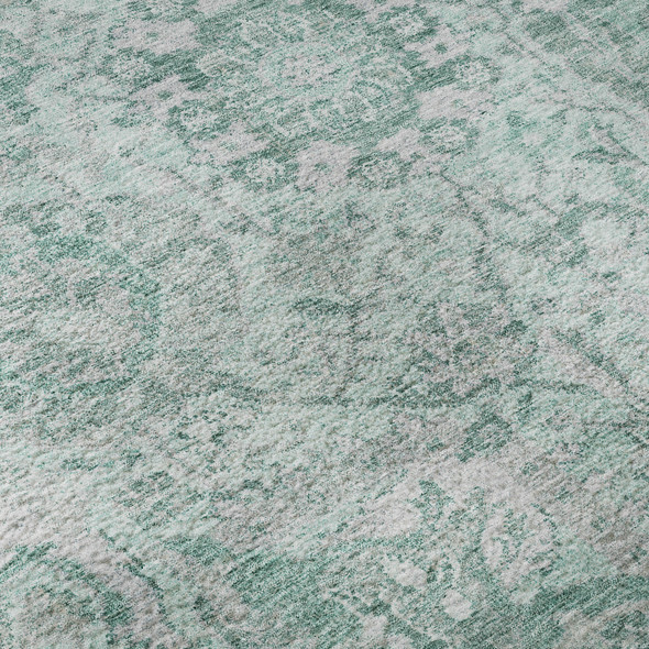 8' X 10' Teal Gray And Ivory Damask Washable Area Rug With UV Protection