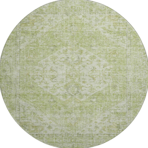 8' Sage And Beige Medallion Washable Round Rug With UV Protection