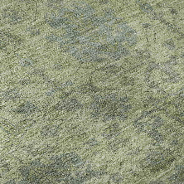 8' Artichoke Green And Gray Damask Washable Round Rug With UV Protection