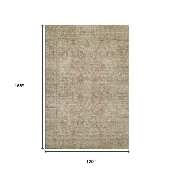 10' X 14' Beige And Coral Oriental Washable Area Rug With UV Protection