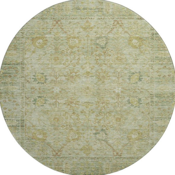 8' Sage Gray And Gold Oriental Washable Round Rug With UV Protection