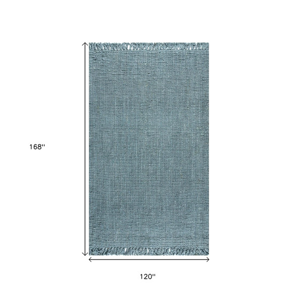 10' X 14' Light Blue Jute Handmade Area Rug With Fringe