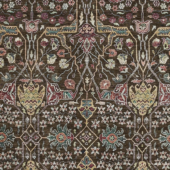 10' X 14' Chocolate Gold And Teal Floral Washable Area Rug With UV Protection
