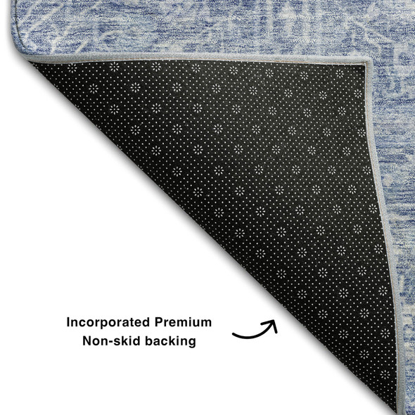 9' X 12' Denim Blue And Beige Floral Washable Area Rug With UV Protection