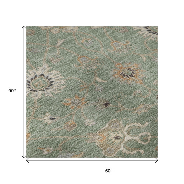 5' X 8' Artichoke Green Copper And Beige Floral Washable Area Rug With UV Protection