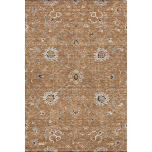 3' X 5' Copper Beige And Denim Blue Floral Washable Area Rug With UV Protection