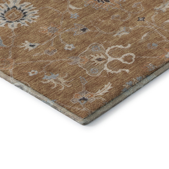 9' X 12' Copper Beige And Denim Blue Floral Washable Area Rug With UV Protection