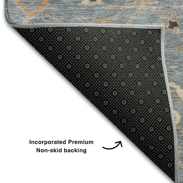 8' Denim Blue Beige And Copper Floral Washable Round Rug With UV Protection