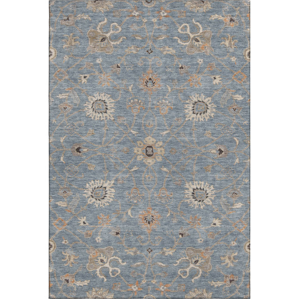 9' X 12' Denim Blue Beige And Copper Floral Washable Area Rug With UV Protection
