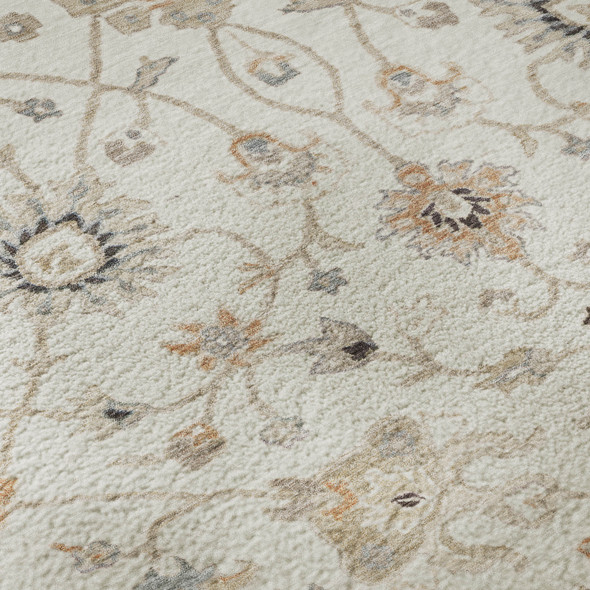 8' Ivory Copper And Gray Floral Washable Round Rug With UV Protection