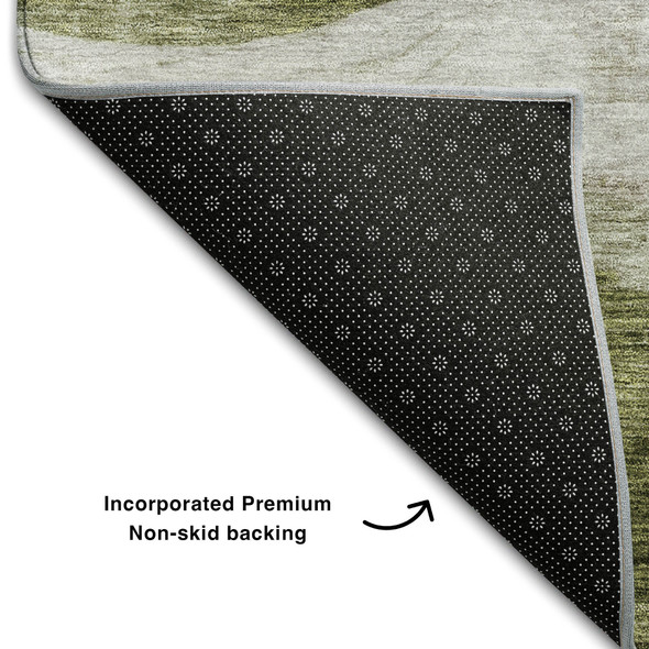 8' Green And Beige Abstract Washable Round Rug With UV Protection