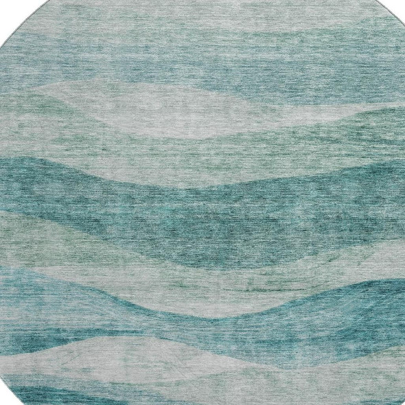 8' Aqua And Teal Abstract Washable Round Rug With UV Protection
