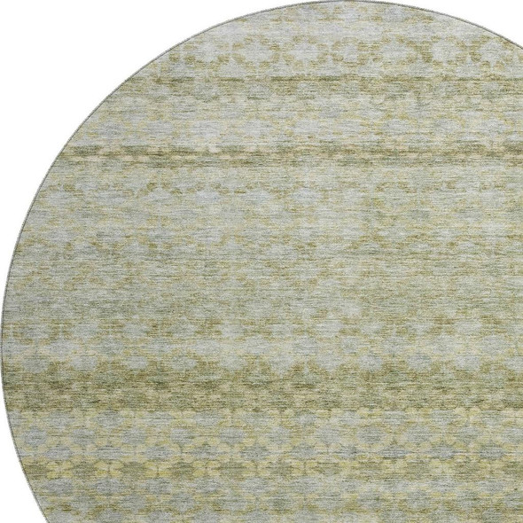 8' Artichoke Green Gray And Beige Striped Washable Round Rug With UV Protection