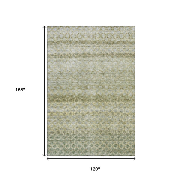 10' X 14' Artichoke Green Gray And Beige Striped Washable Area Rug With UV Protection