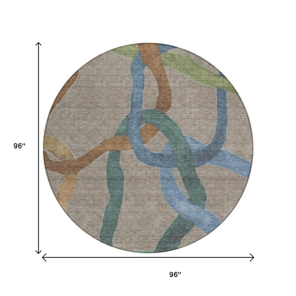 8' Taupe Blue And Copper Round Abstract Washable Indoor Outdoor Area Rug