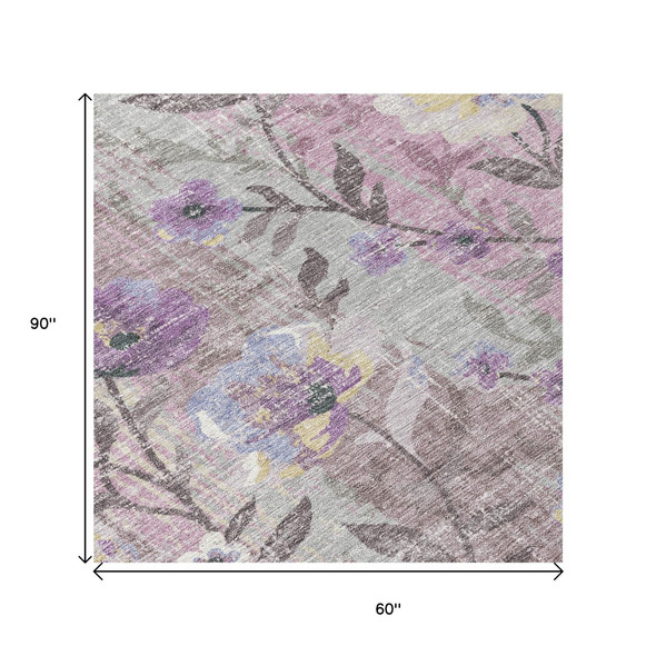 5' X 8' Lilac Ivory And Beige Floral Washable Indoor Outdoor Area Rug