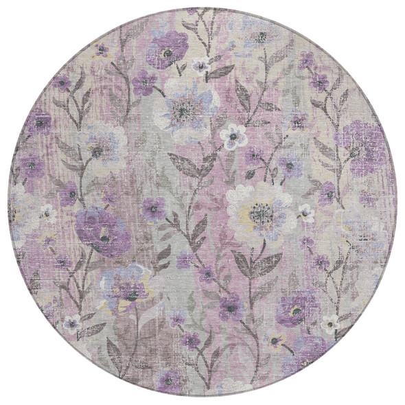 8' Lilac Ivory And Beige Round Floral Washable Indoor Outdoor Area Rug
