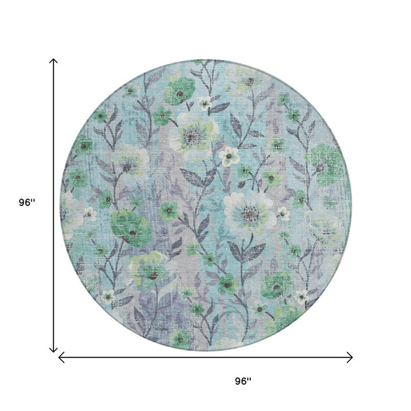 8' Teal Blue And Pewter Round Floral Washable Indoor Outdoor Area Rug