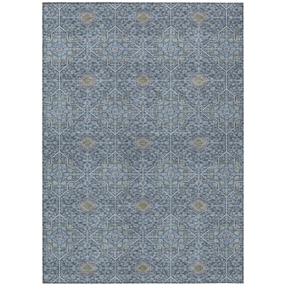 5' X 8' Navy Blue Ivory And Plum Oriental Washable Indoor Outdoor Area Rug
