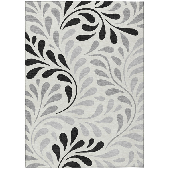 10' X 14' Ivory Black And Gray Botanical Leaves Washable Indoor Outdoor Area Rug