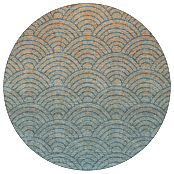 8' Teal Blue And Orange Round Geometric Washable Indoor Outdoor Area Rug