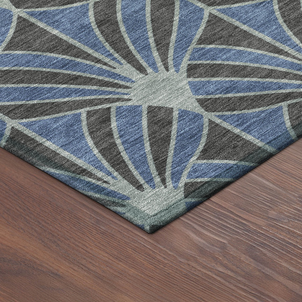 9' X 12' Navy Blue And Charcoal Seashell Washable Indoor Outdoor Area Rug
