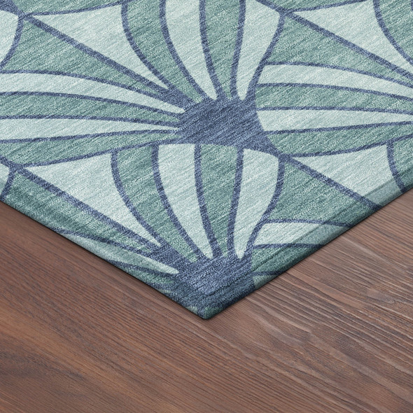 8' Teal Blue And Navy Blue Round Seashell Washable Indoor Outdoor Area Rug