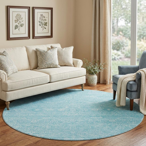 8' X 8' Sky Blue And Ivory Floral Washable Round Rug With UV Protection