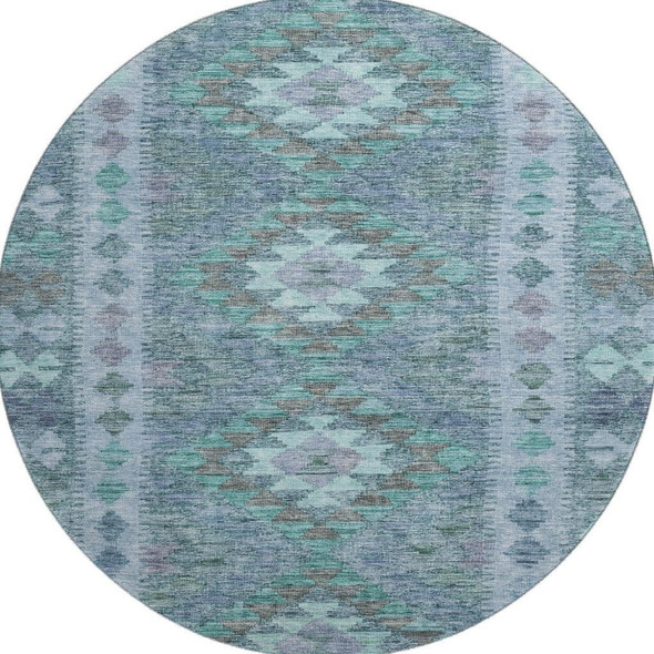 8' X 8' Blue And Pale Aqua Geometric Washable Round Rug With UV Protection