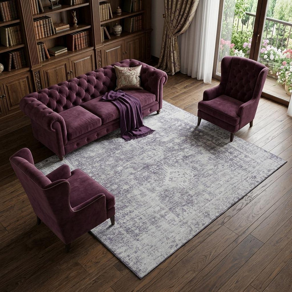 9' X 12' Plum And Silver Oriental Washable Area Rug With UV Protection