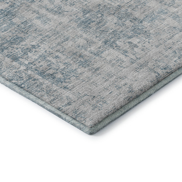 8' X 8' Sky Blue And Silver Oriental Washable Round Rug With UV Protection