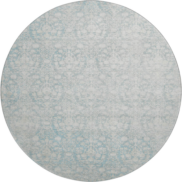 8' X 8' Aqua And Ivory Damask Washable Round Rug With UV Protection