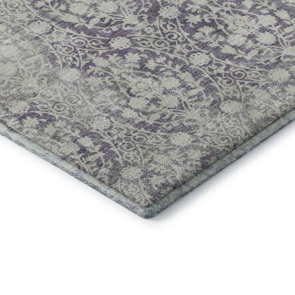 8' X 8' Plum And Ivory Damask Washable Round Rug With UV Protection