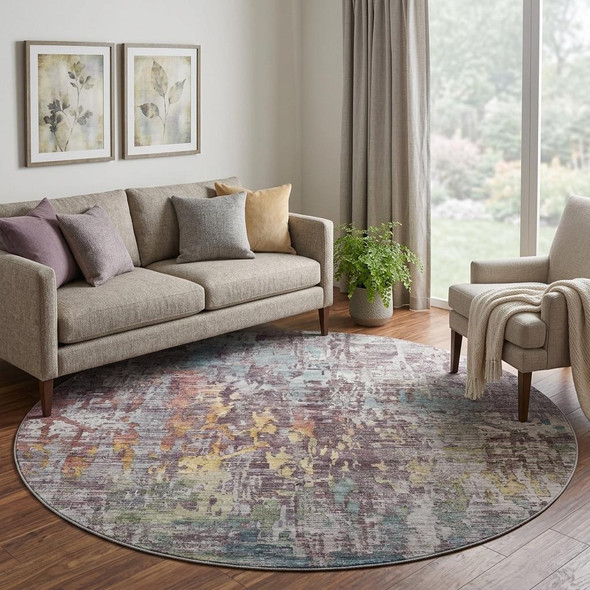 8' X 8' Pewter Gold And Eggplant Abstract Washable Round Rug With UV Protection