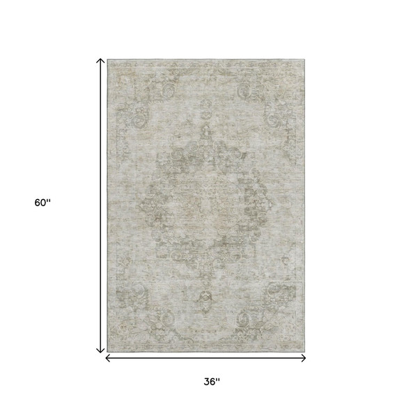 3' X 5' Beige And Taupe Oriental Washable Area Rug With UV Protection
