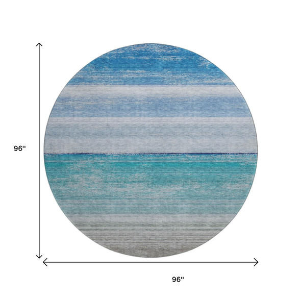 8' X 8' Sky Blue Beige And Ivory Striped Washable Round Rug With UV Protection
