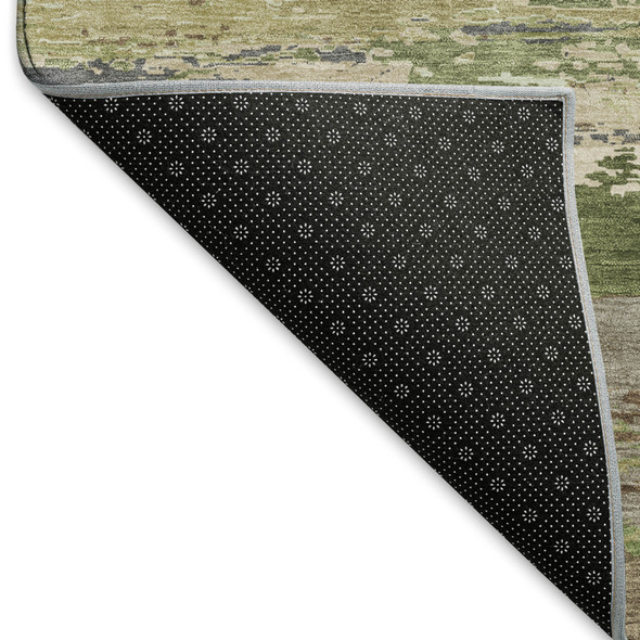 5' X 8' Olive Green Silver And Brown Abstract Washable Area Rug With UV Protection