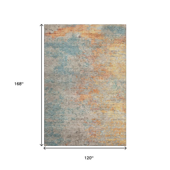 10' X 14' Teal Peach And Gold Abstract Washable Area Rug With UV Protection