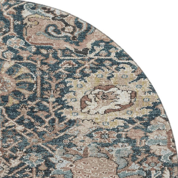 8' X 8' Taupe Teal And Brown Floral Washable Round Rug With UV Protection
