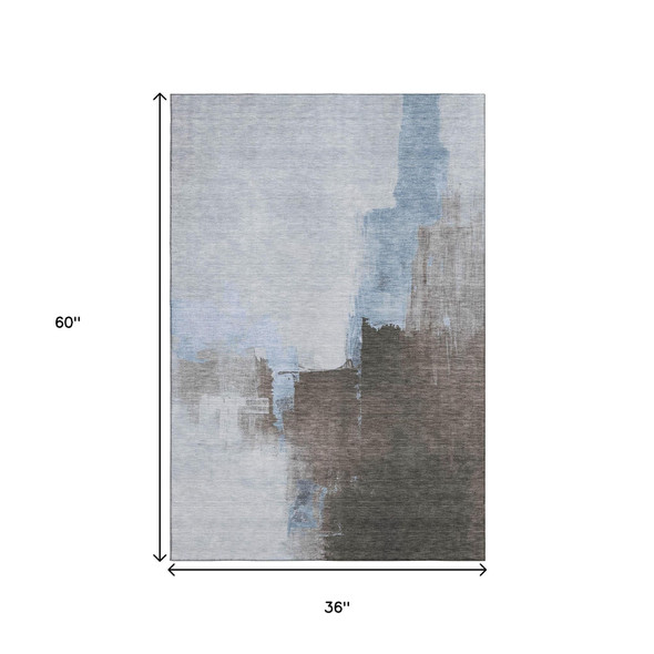 3' X 5' Sky Blue Chocolate And Taupe Abstract Washable Area Rug With UV Protection
