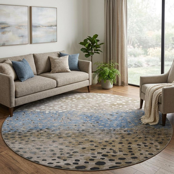 8' X 8' Khaki Blue And Ivory Polka Dot Washable Round Rug With UV Protection