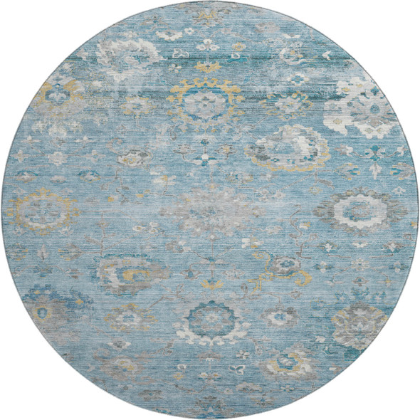 8' X 8' Teal Gold And Ivory Oriental Washable Round Rug With UV Protection